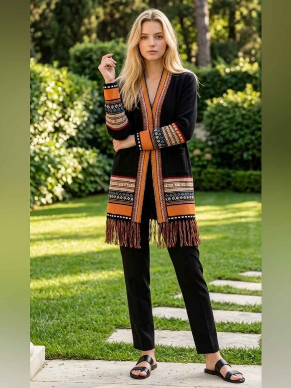 Vintage Native Western Bohemian Knitting Fringe Colorful Open Cardigan Womens OS